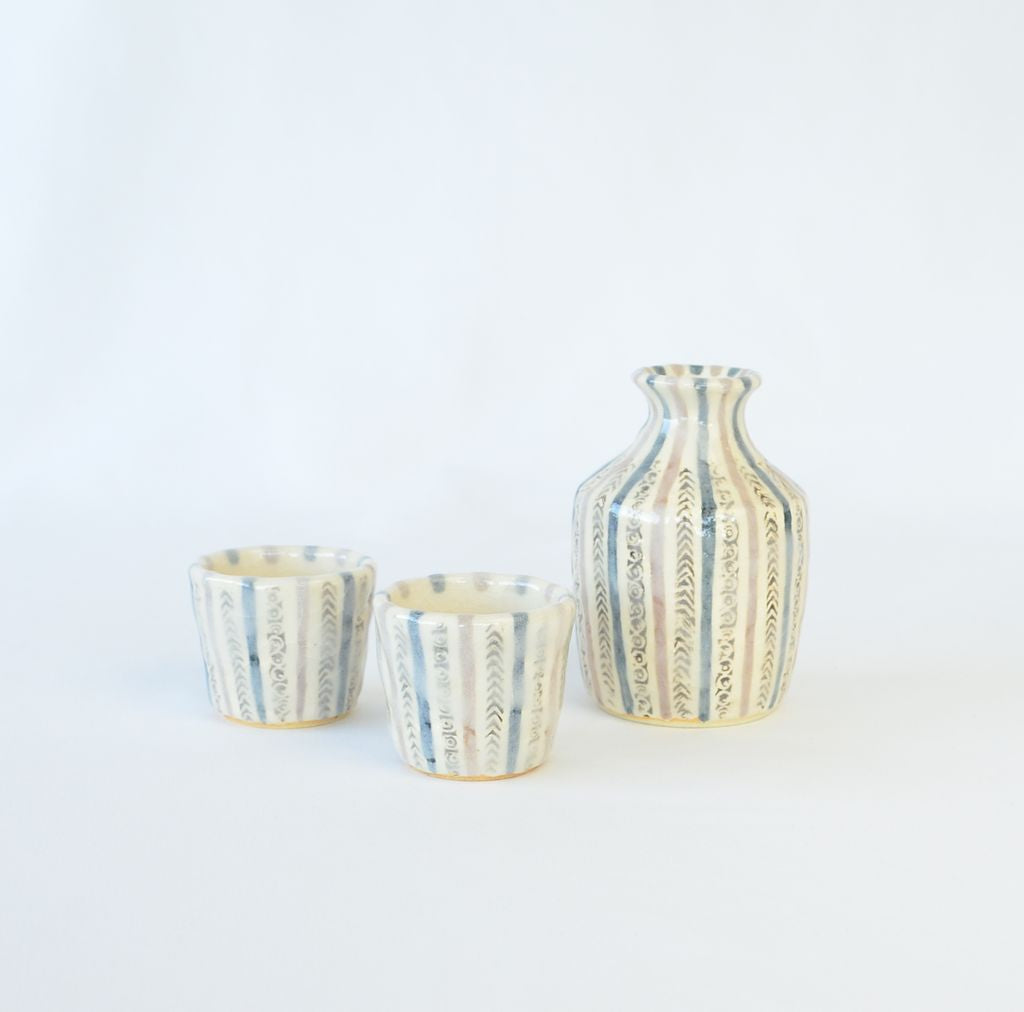Kiyomizu Ware Sake Decanter & Cups Set "Shino Tokusa"