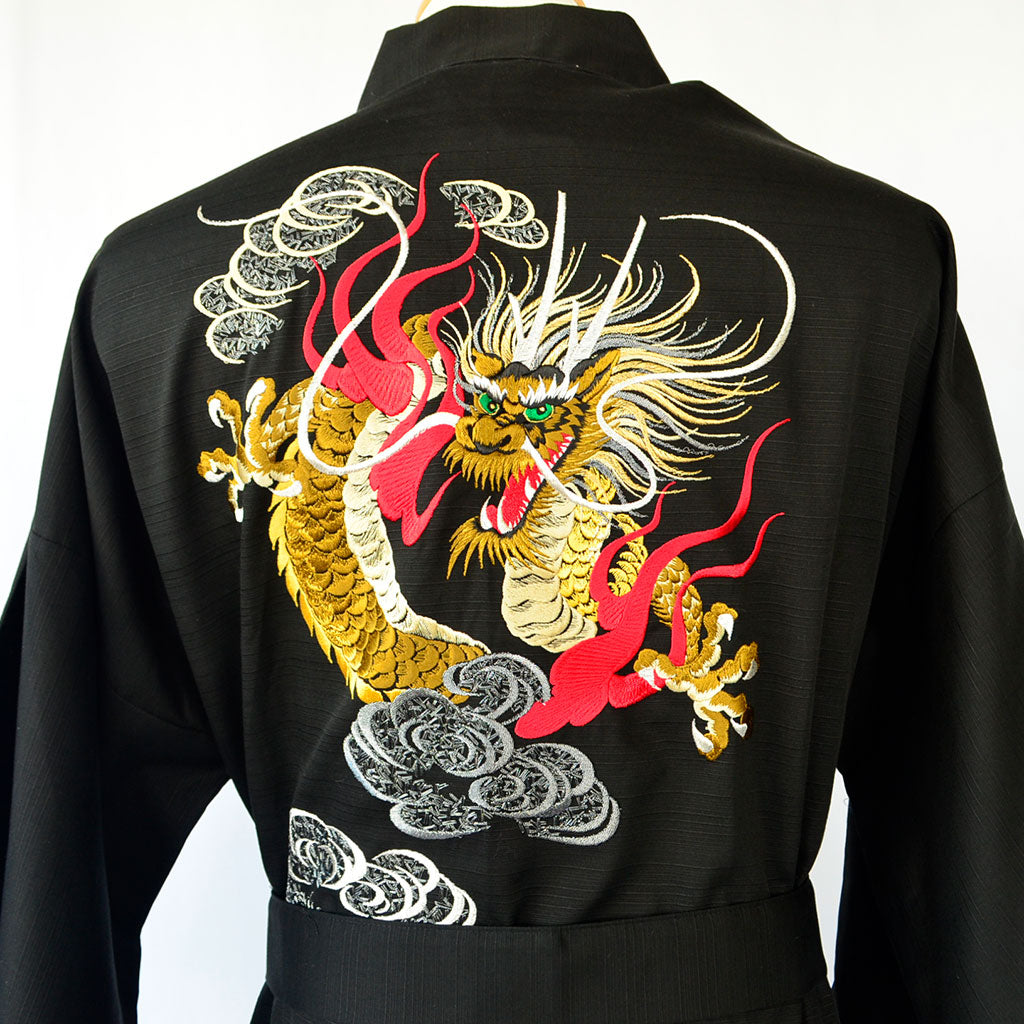 Japanese Kimono Men’s Cotton Knee-length "Clouds and Dragons" Embroidery