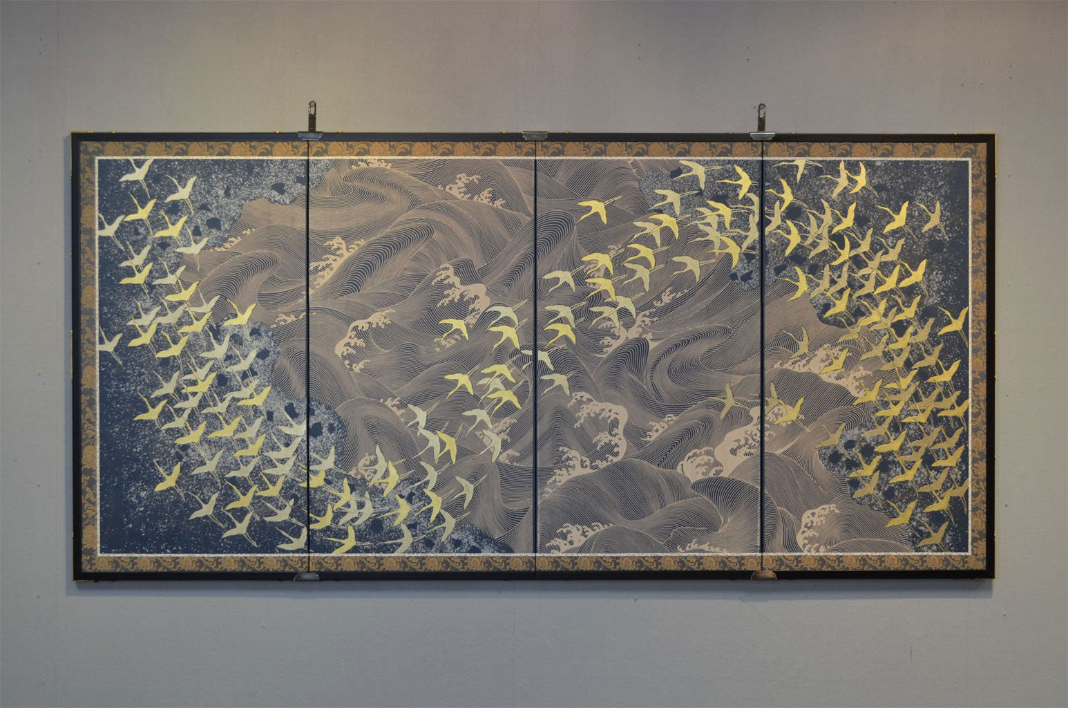 Byobu Folding Screen with 4 Panels "Flying Cranes"