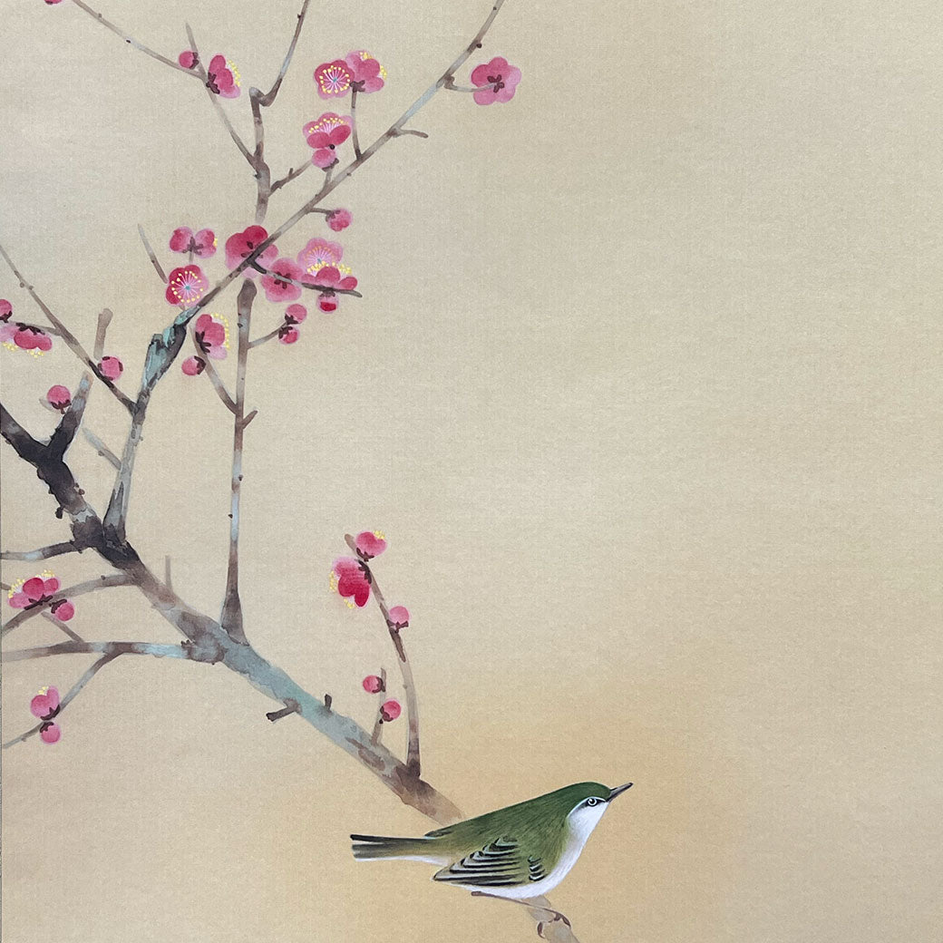 Japanese Hanging Scroll Kakejiku Daiju Ishida "Red and White Plum Blossoms with a Nightingale"