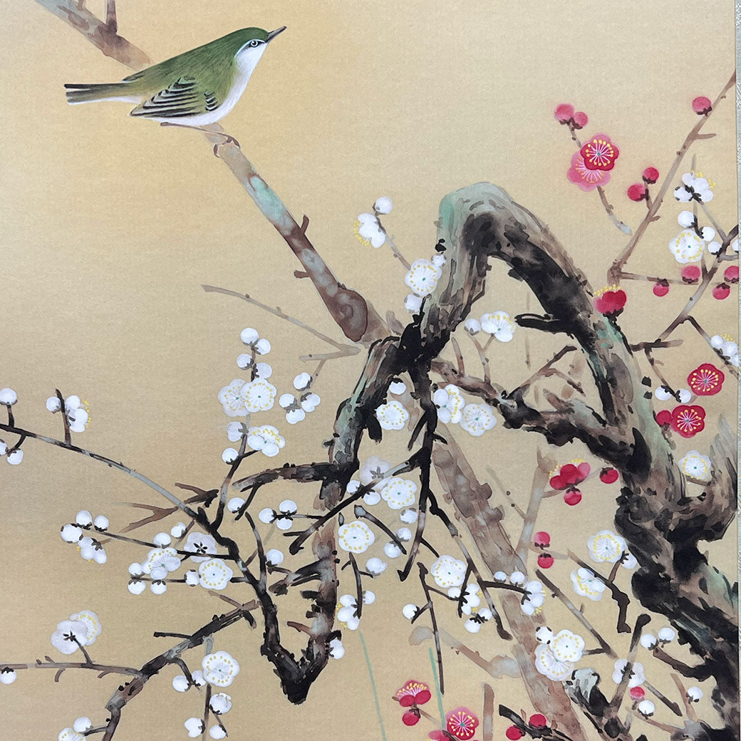 Japanese Hanging Scroll Kakejiku Daiju Ishida "Red and White Plum Blossoms with a Nightingale"