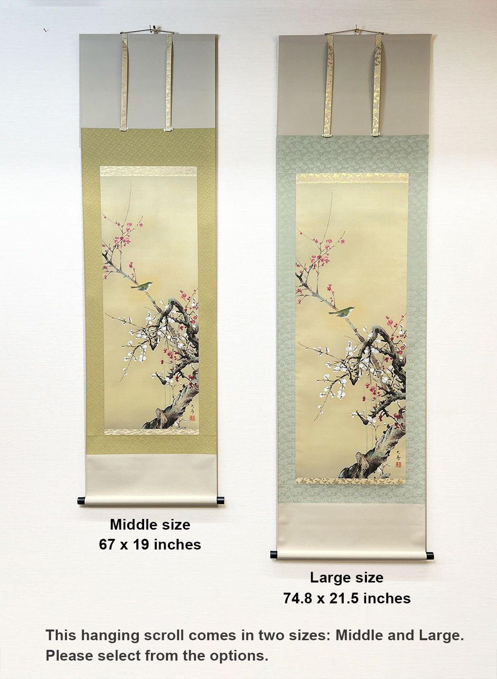 Japanese Hanging Scroll Kakejiku Daiju Ishida "Red and White Plum Blossoms with a Nightingale"