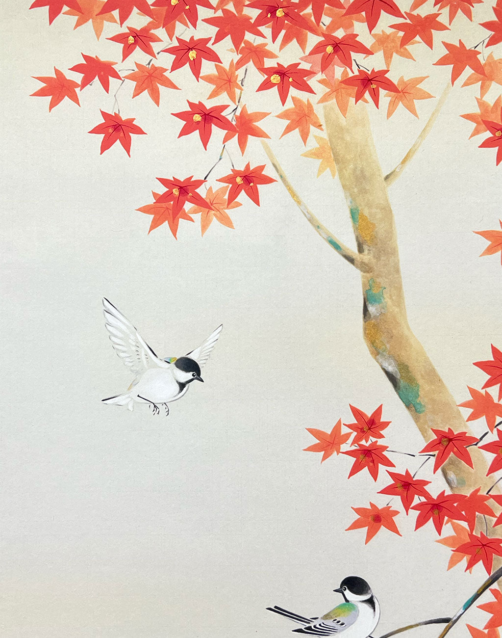 Japanese Hanging Scroll Kakejiku Junkichi Satoh "Autumn Leaves with Little Birds"