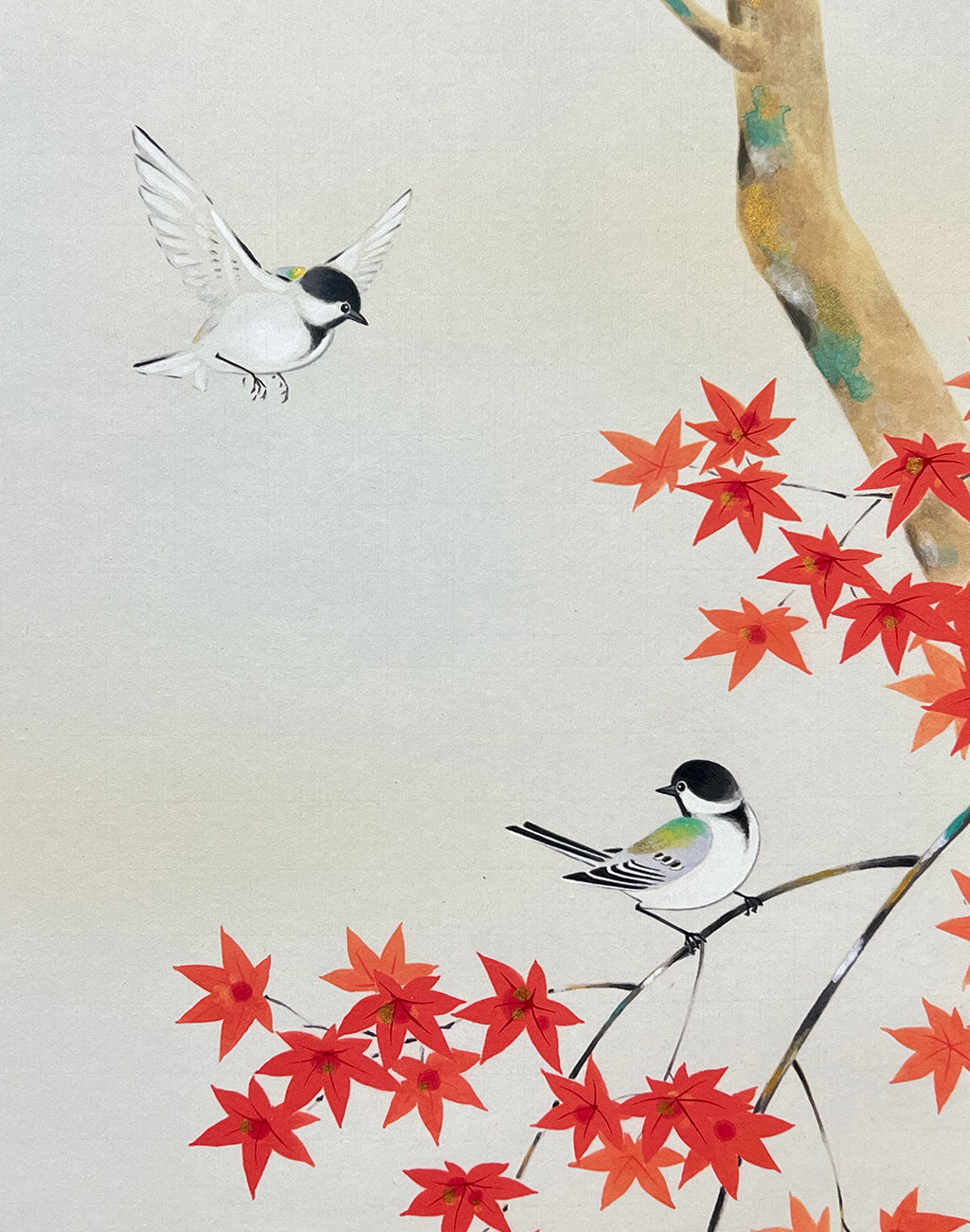 Japanese Hanging Scroll Kakejiku Junkichi Satoh "Autumn Leaves with Little Birds"