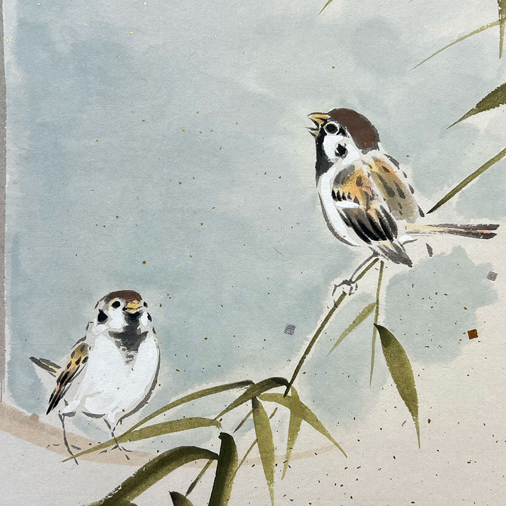 Japanese Hanging Scroll Kakejiku Ryohei Kimura "Bamboo and Sparrows/Nichi Nichi Kore Koujitsu"