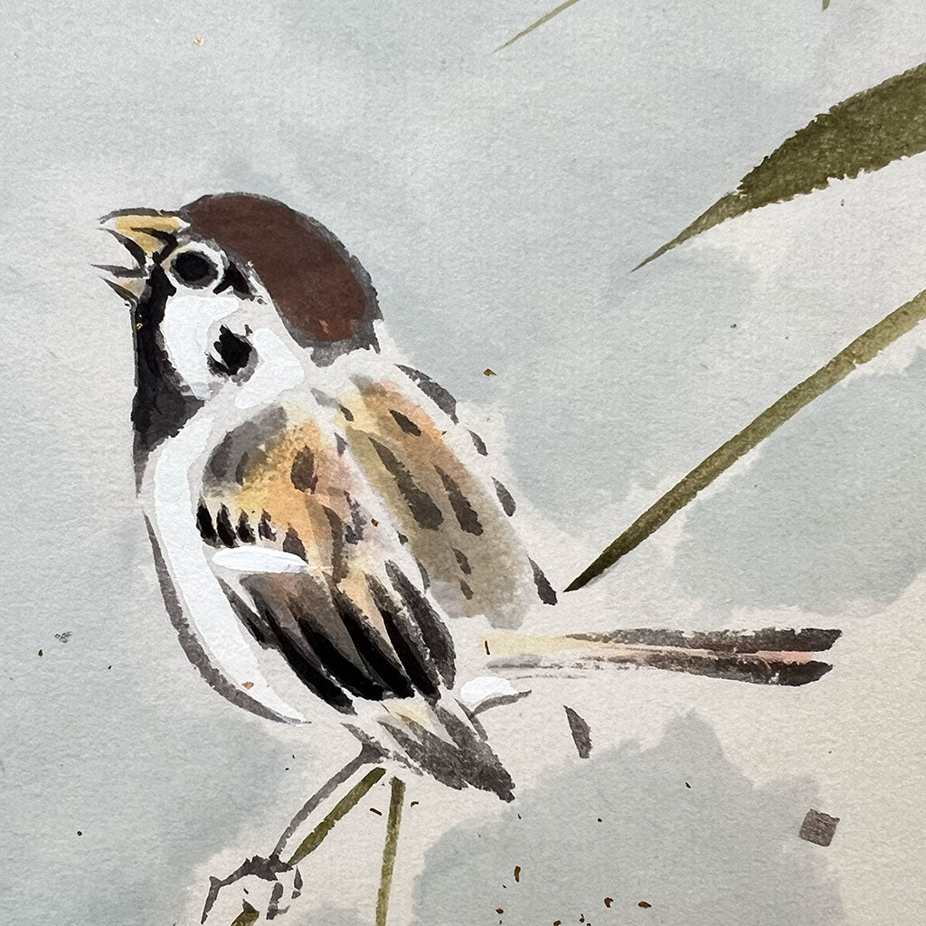 Japanese Hanging Scroll Kakejiku Ryohei Kimura "Bamboo and Sparrows/Nichi Nichi Kore Koujitsu"