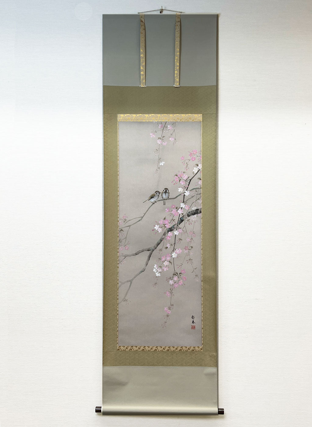 Japanese Hanging Scroll Kakejiku Shizuka Hojo ”Cherry Blossoms with Little Birds”