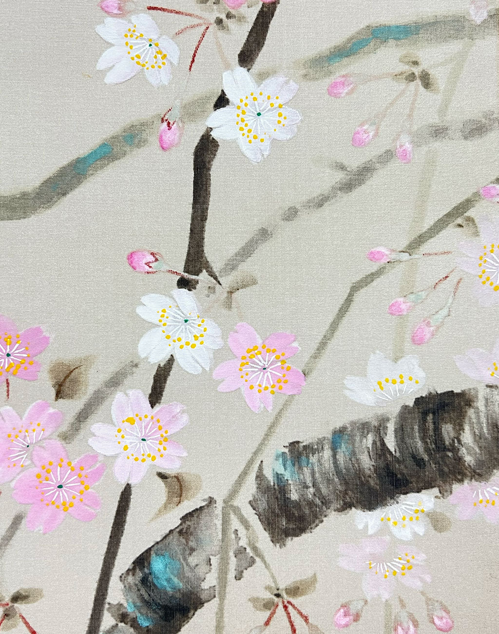 Japanese Hanging Scroll Kakejiku Shizuka Hojo ”Cherry Blossoms with Little Birds”