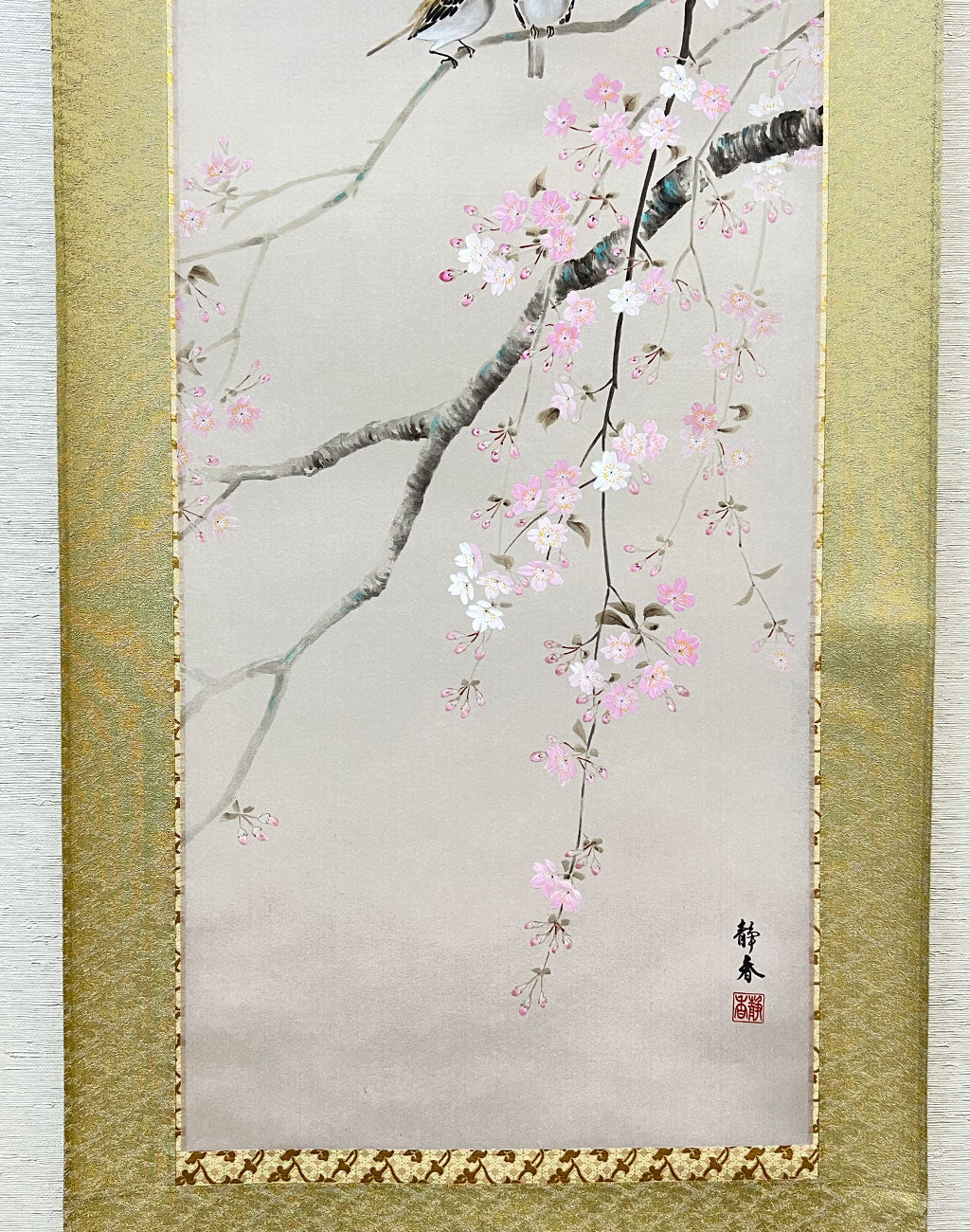 Japanese Hanging Scroll Kakejiku Shizuka Hojo ”Cherry Blossoms with Little Birds”