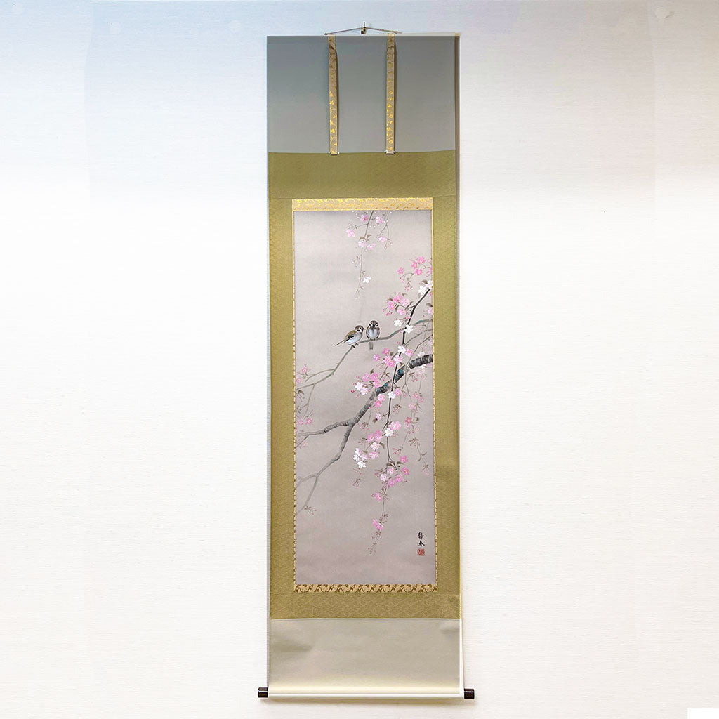 Japanese Hanging Scroll Kakejiku Shizuka Hojo ”Cherry Blossoms with Little Birds”