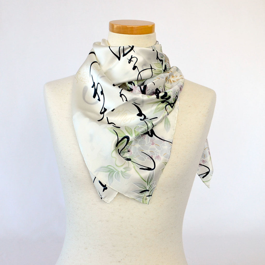 Silk scarf square "Wisteria and Japanese alphabet"