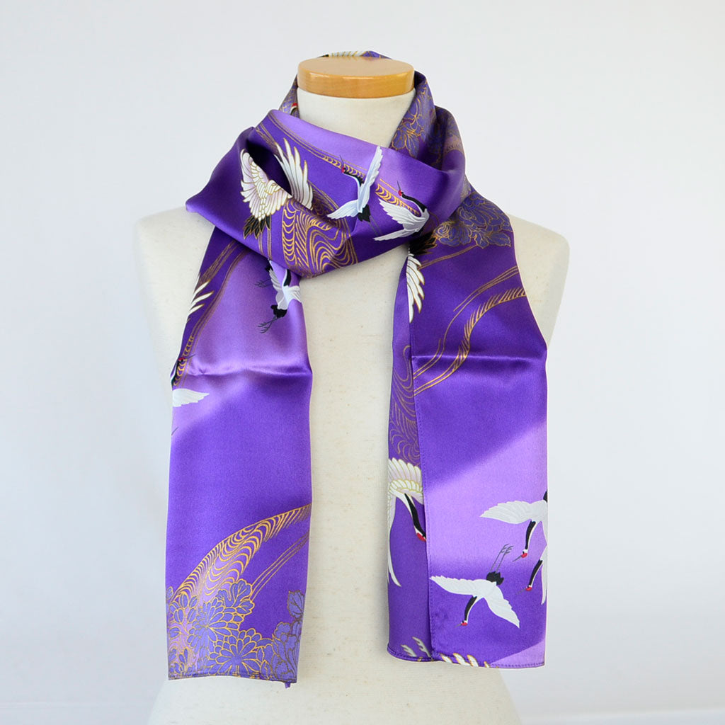 Silk scarf long "Gold crane"