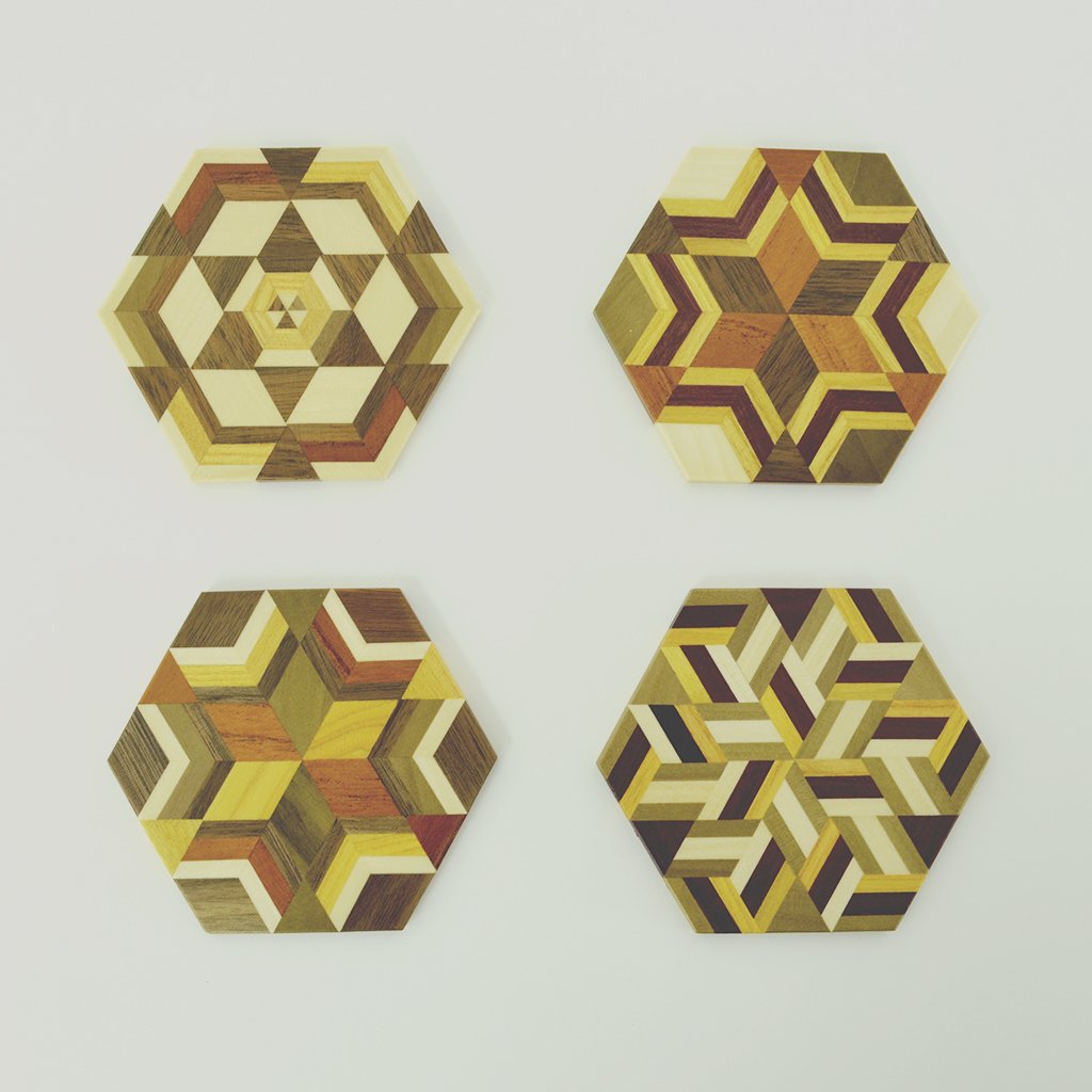 Yosegi Wooden mosaic work Coaster "Hexagon" 4pc Set