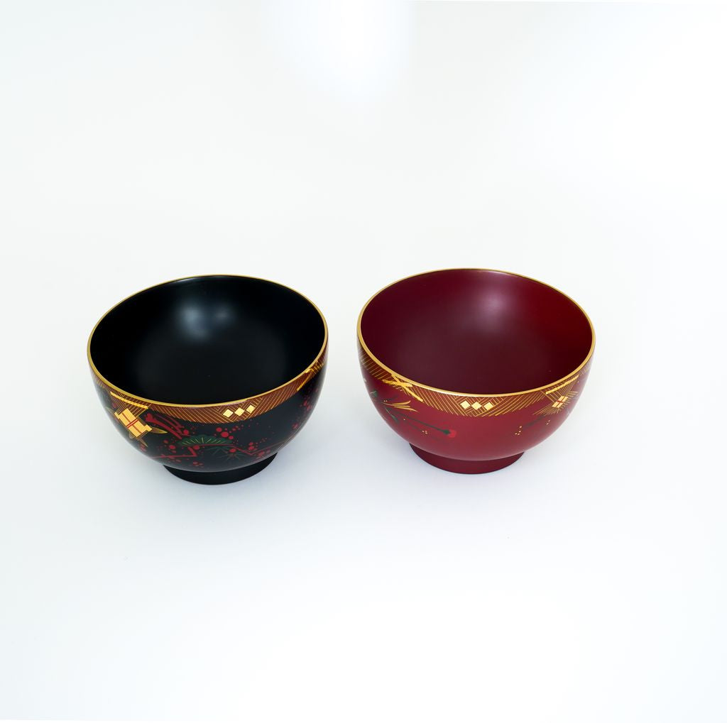 Lacquerware Bowl Set of 2p Traditional Aizu paint "Pine, bamboo and plum" Hand painting
