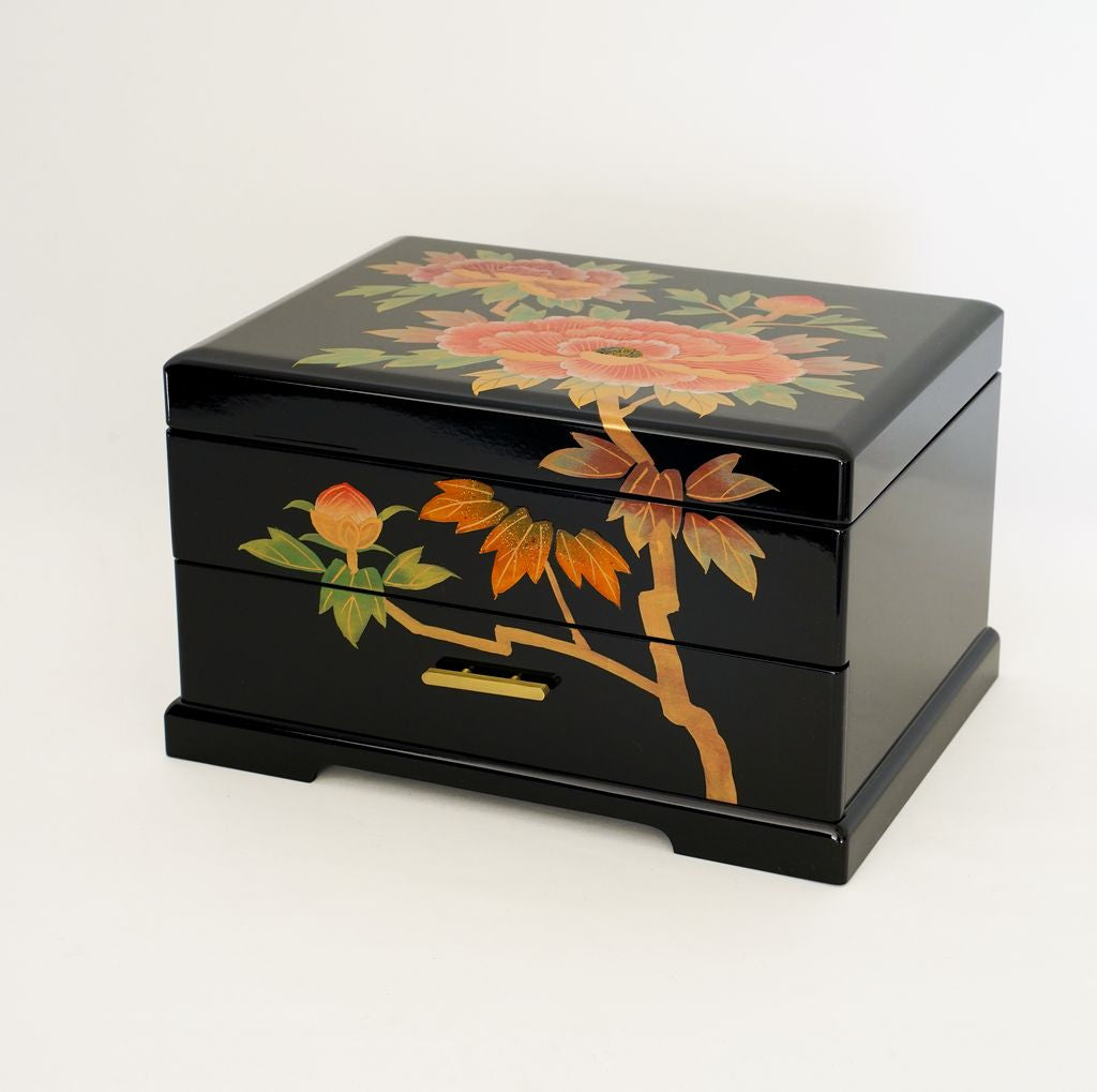 Lacquerware Music box "Peony" with drawer Size 9.0 Botan