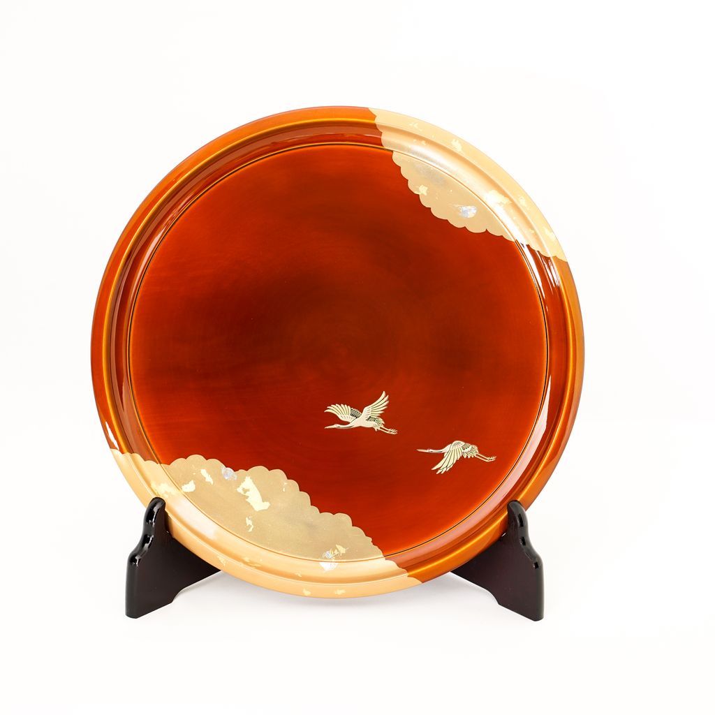 Lacquerware Tray "Cranes" Size 10 Round Kyo-raku