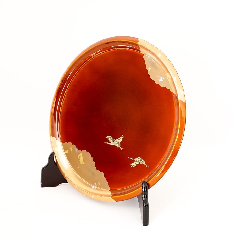 Lacquerware Tray "Cranes" Size 10 Round Kyo-raku