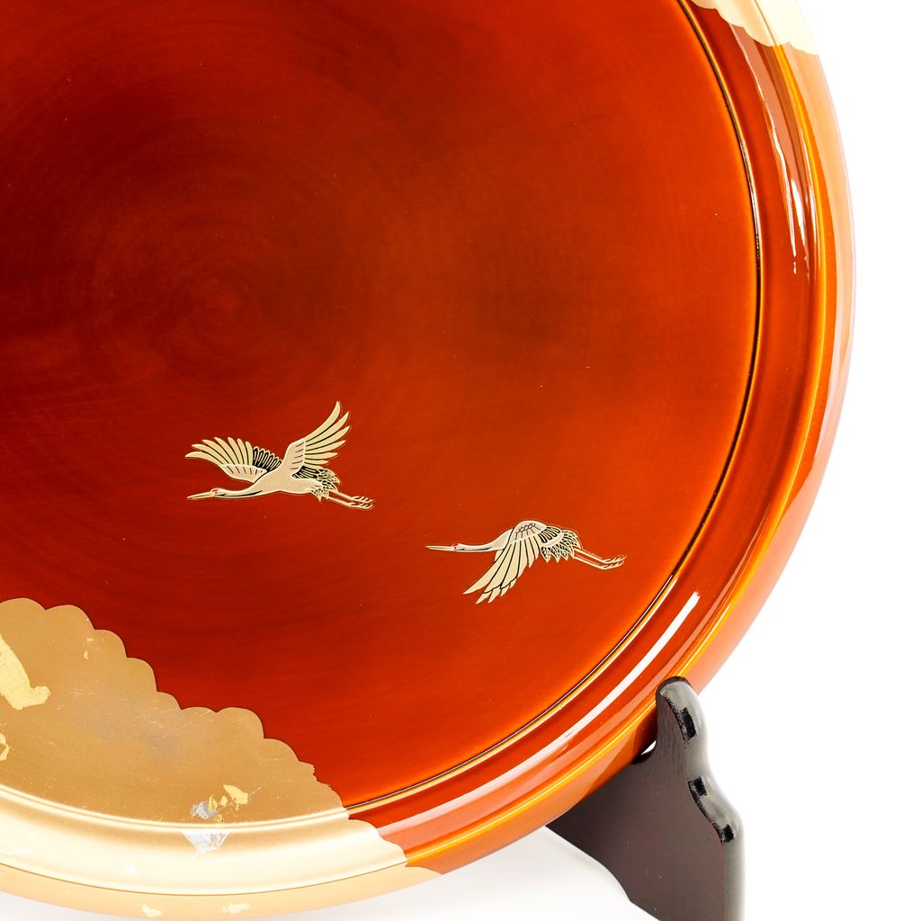 Lacquerware Tray "Cranes" Size 10 Round Kyo-raku