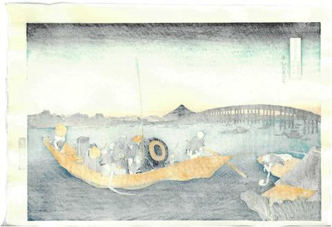 Woodblock print "Sunset view from Onmayabashi in Ryogoku" by Hokusai Published by UNSODO