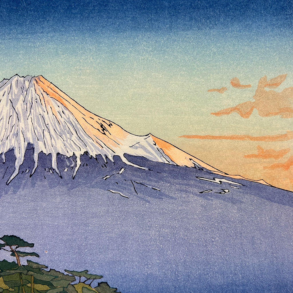 Woodblock print "Mt. Fuji from Hagoromo coast" by Okada Koichi Published by UNSODO