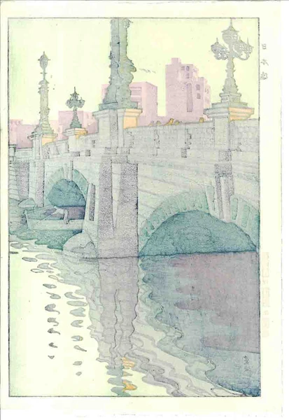 Woodblock print "Nihon-bridge" by Kasamatsu Shiro Published by UNSODO