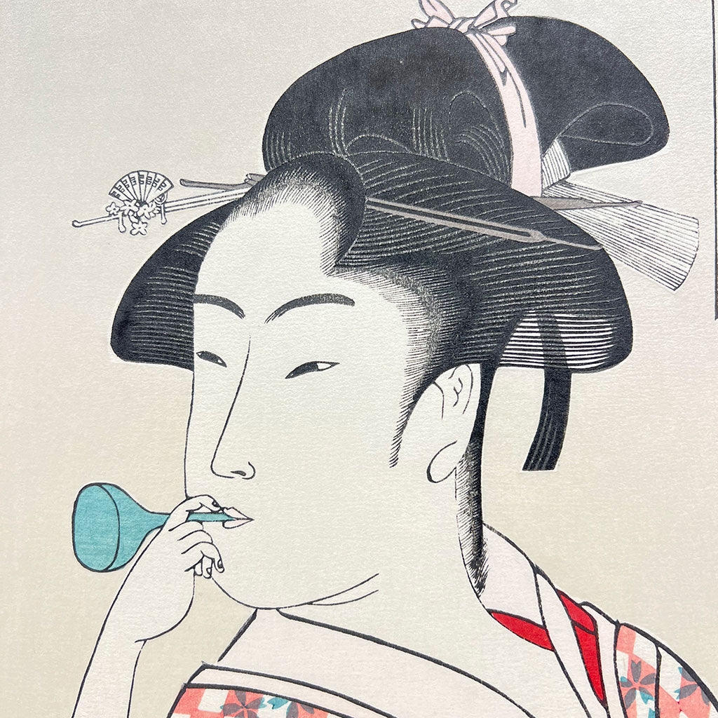 Woodblock print "Woman Playing a Poppin" by Utamaro Published by UNSODO