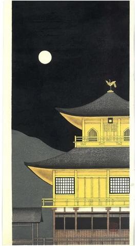 Woodblock print "Beautiful moon on Golden temple" by Kato Teruhide Published by UNSODO Large size