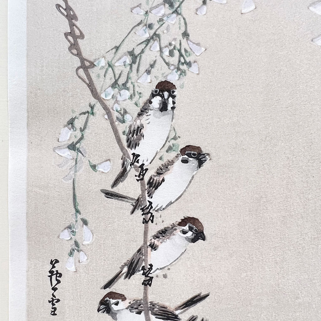 Woodblock print "Wisteria with Sparrows" by Nagasawa Rosetsu Published by UNSODO