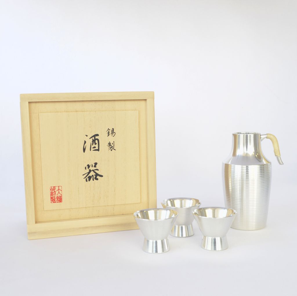 Tinware Sake Decanter and Cups Set "Katasori"