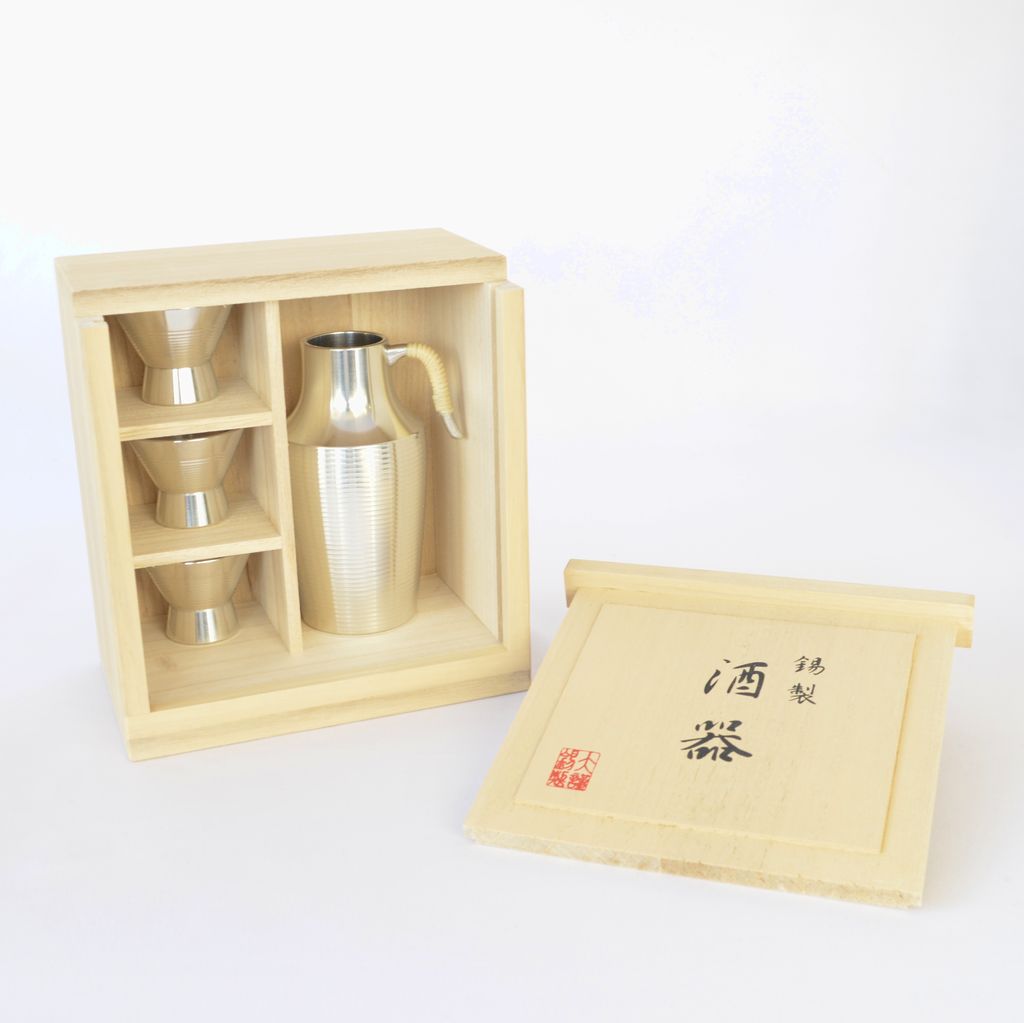Tinware Sake Decanter and Cups Set "Katasori"