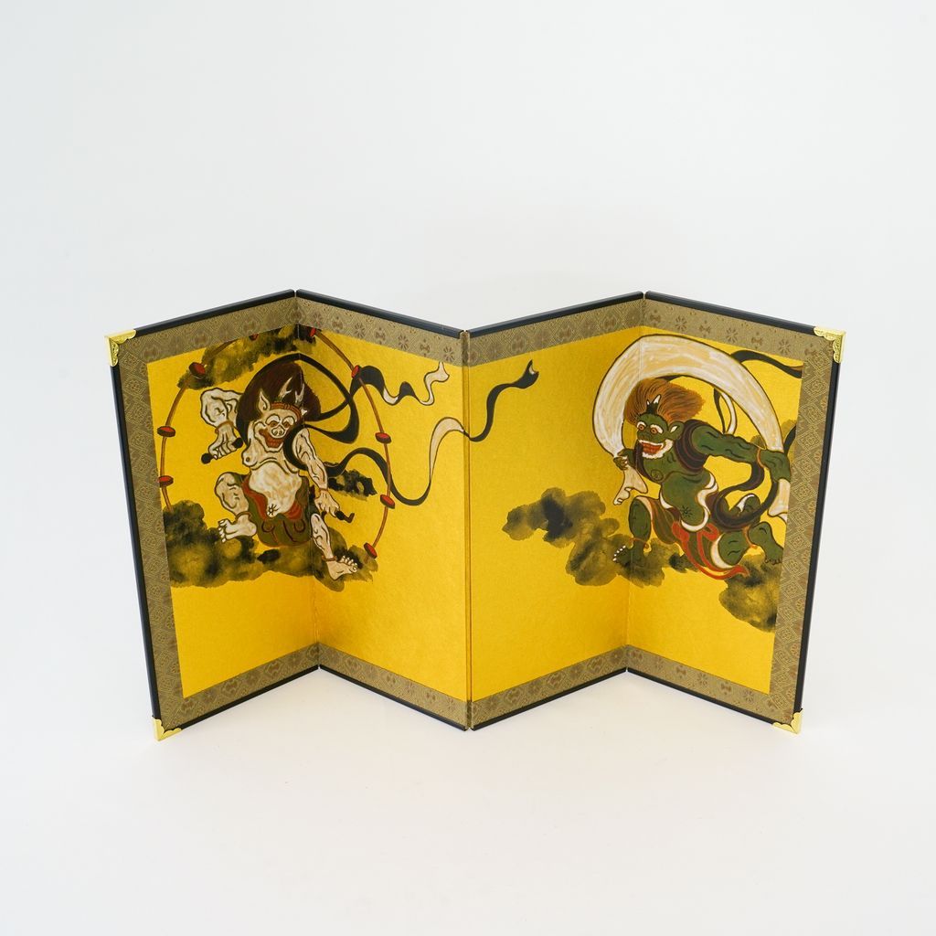 Small folding screens "Fujin and Raijin" four panels