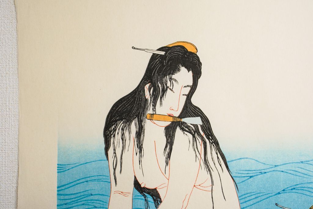 Woodblock print "Harvest abalones" by Utamaro Published by UCHIDA ART