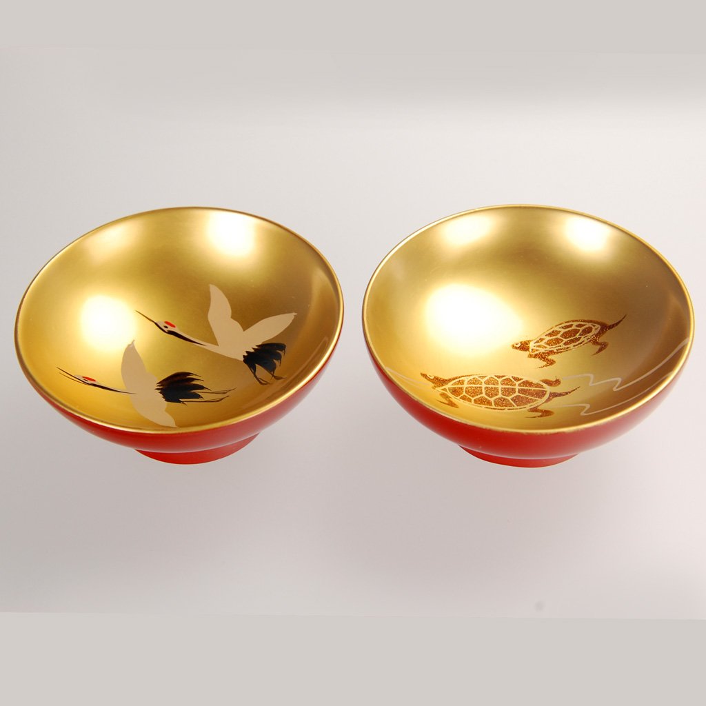 Lacquerware Sake Cups Set (2pcs) "Cranes and Turtles" Size 2.2 Aizu lacquerware