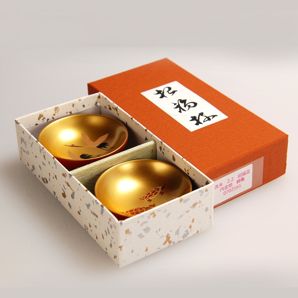 Lacquerware Sake Cups Set (2pcs) "Cranes and Turtles" Size 2.2 Aizu lacquerware