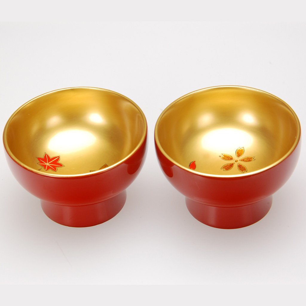 Lacquerware Sake Cups Set (2pcs) "Spring and Autumn" Red Size 2.2 Aizu lacquerware