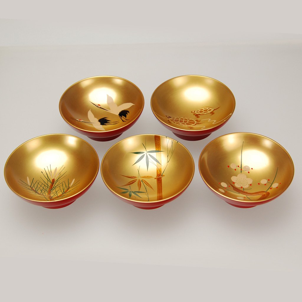 Lacquerware Sake Cups Set (5pcs) "Five Lucky Motifs" Red Size 2.2 Aizu lacquerware