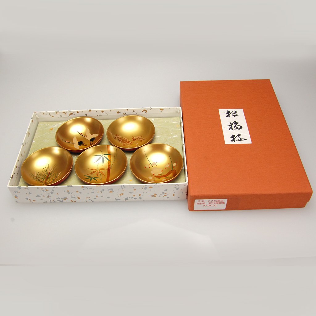 Lacquerware Sake Cups Set (5pcs) "Five Lucky Motifs" Red Size 2.2 Aizu lacquerware