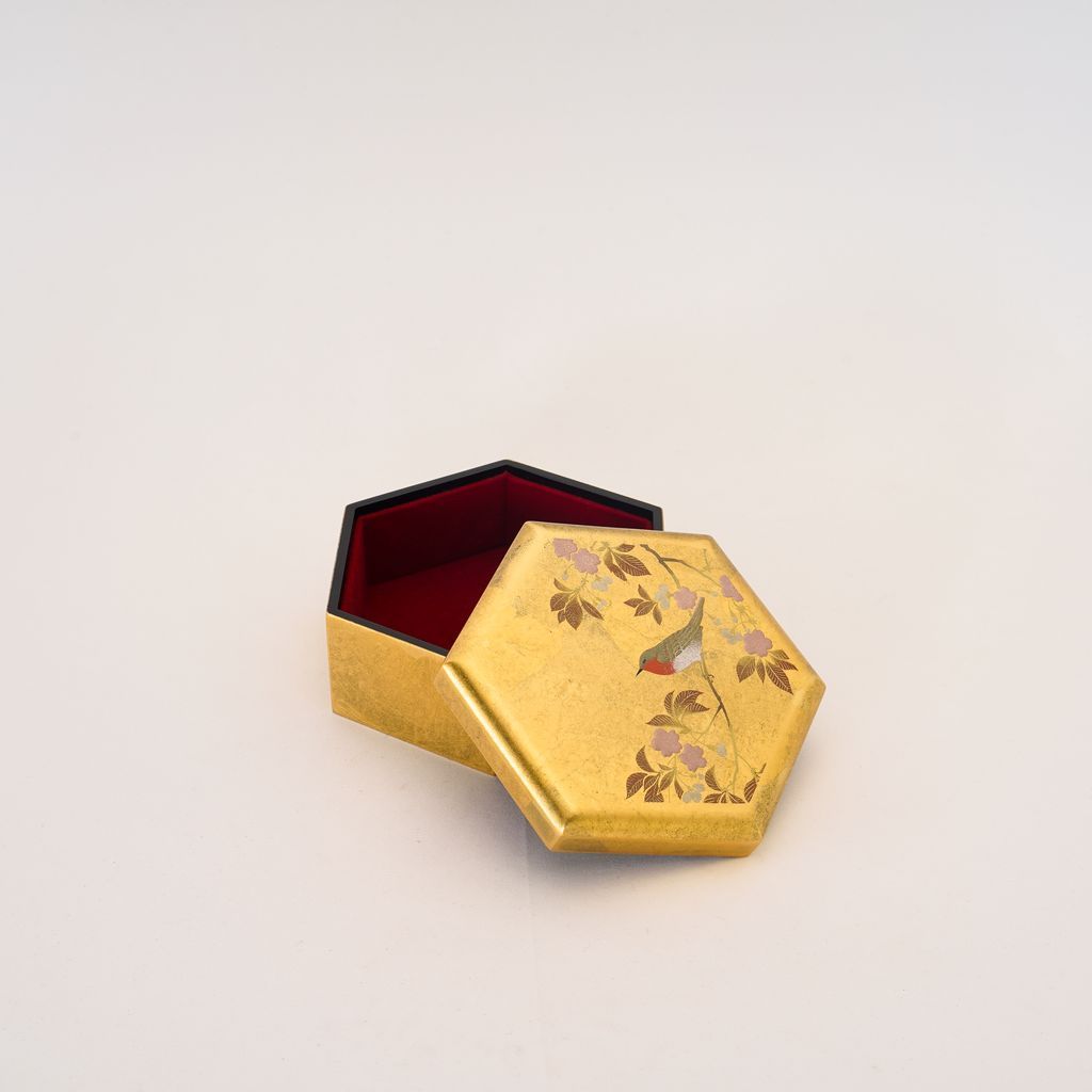 Gold Leaf Box "Flower Watching Birds" Hexagon