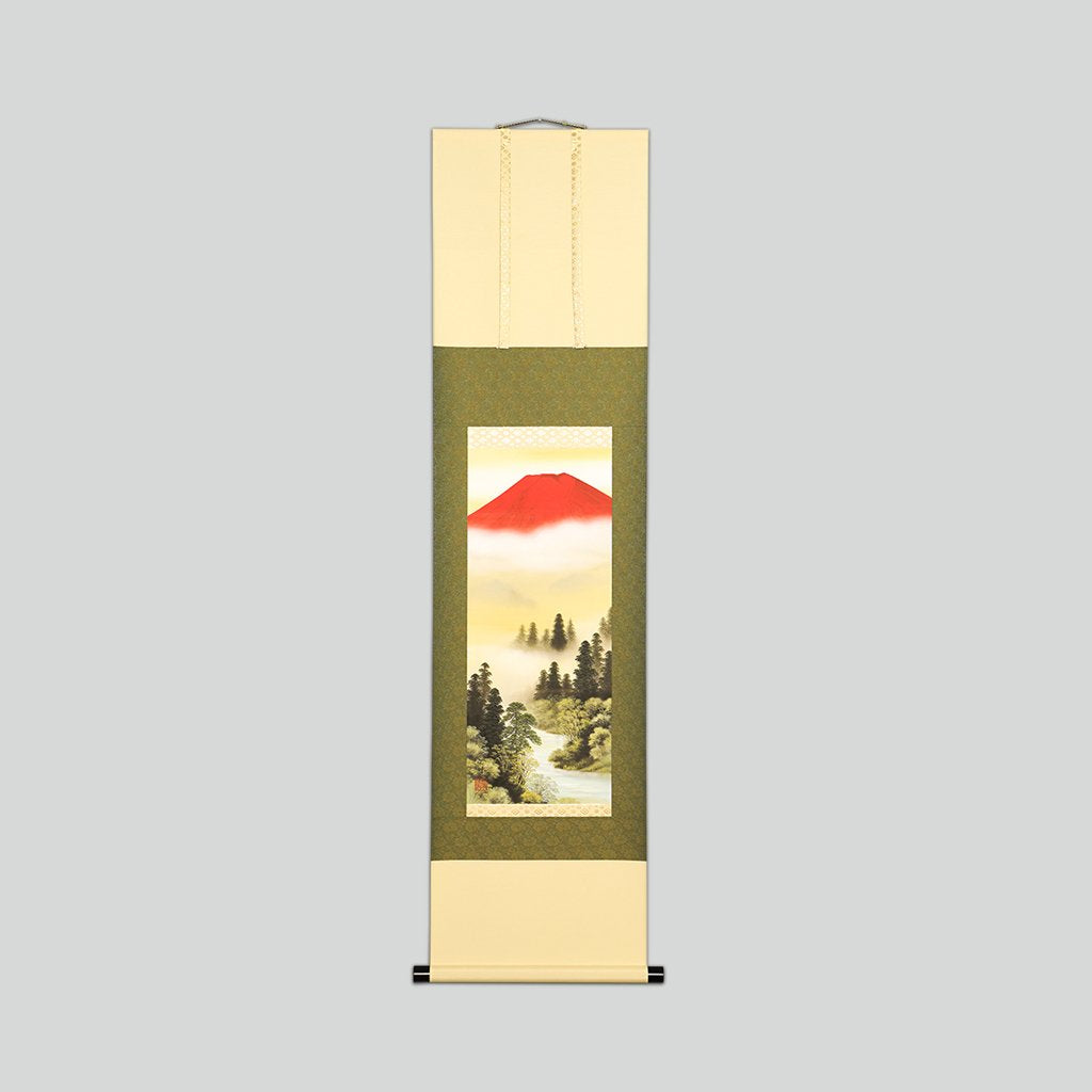 Japanese Hanging Scroll Kakejiku Munenori Nagara "Shan Shui Painting with Red Mt. Fuji"