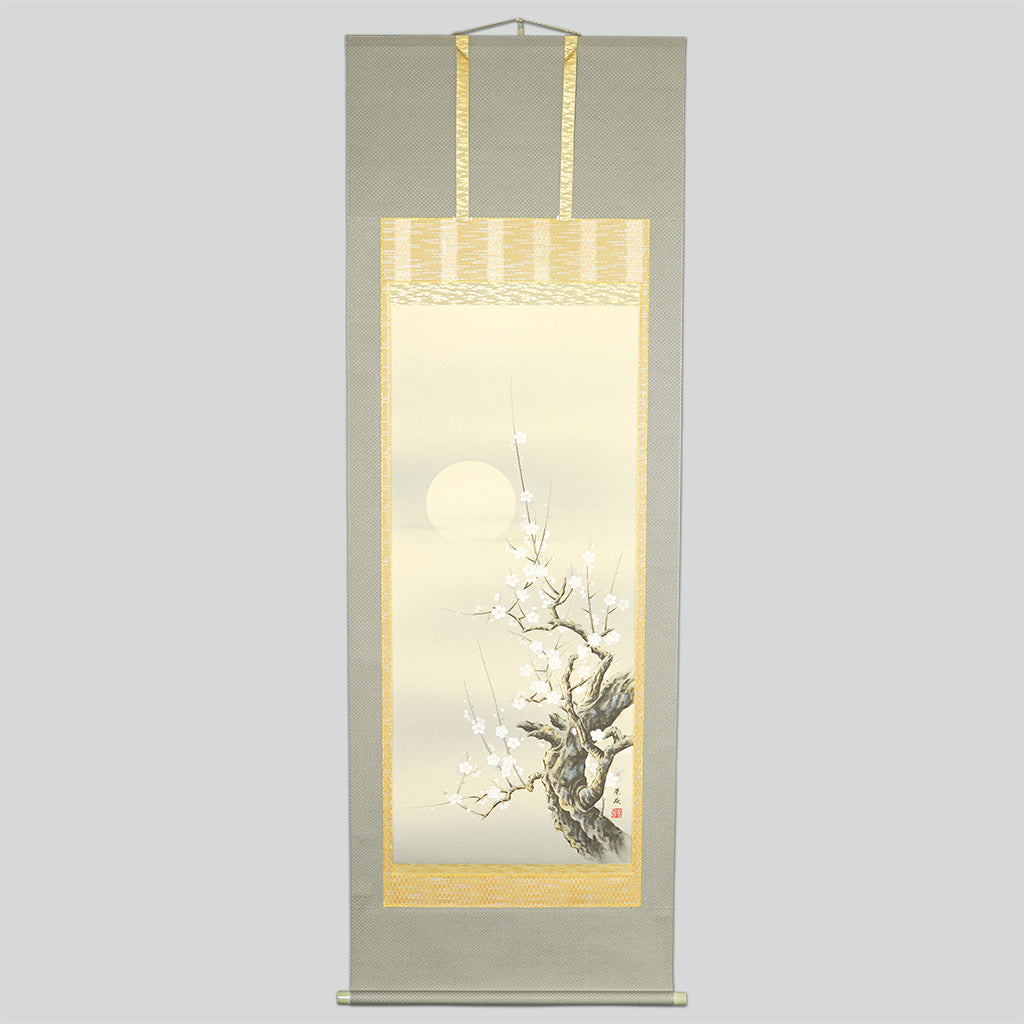 Japanese Hanging Scroll Kakejiku Eisho Saito "White Plum Blossoms with the Wintry Moon"