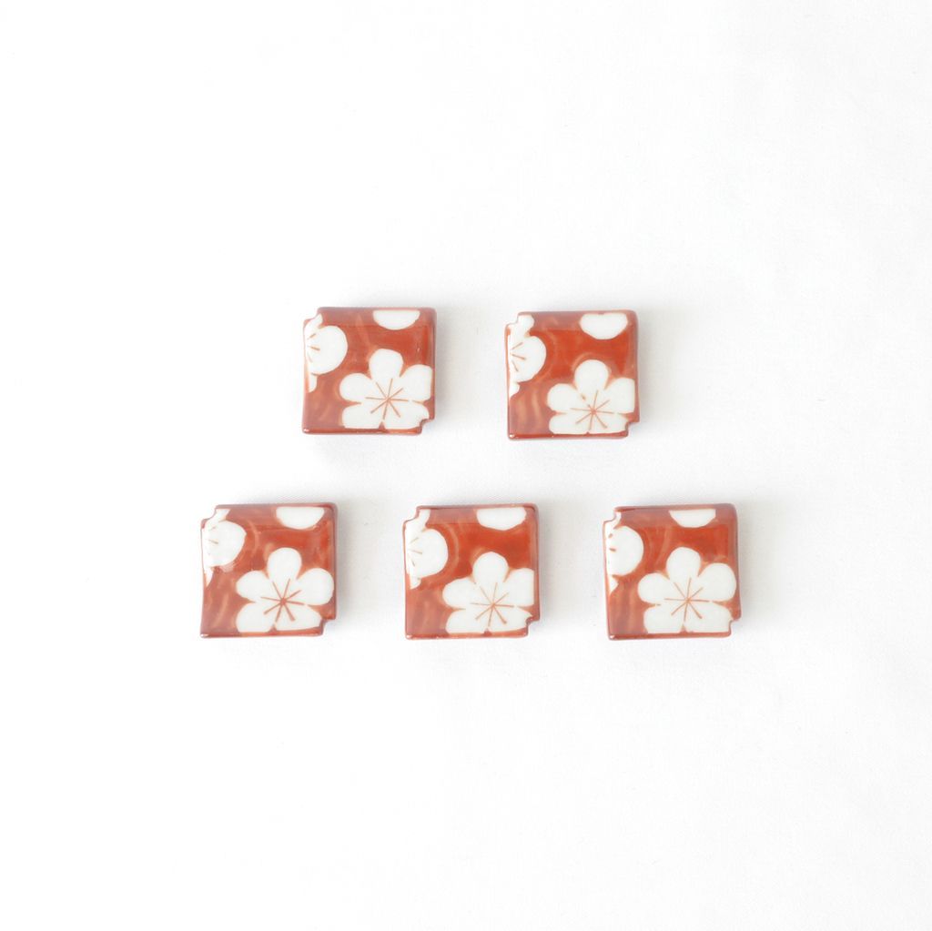 Kiyomizu ware Chopstick rest 5pcs set "Floral tile" Red