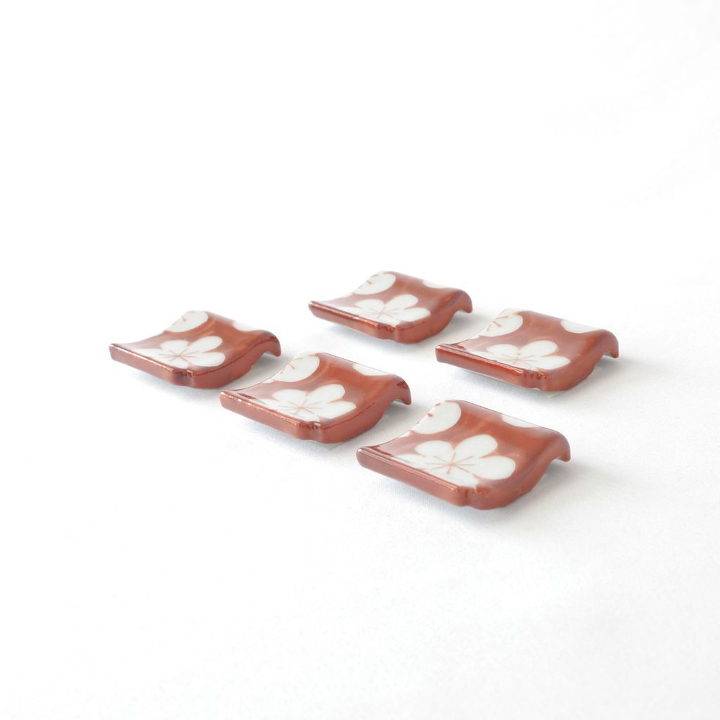 Kiyomizu ware Chopstick rest 5pcs set "Floral tile" Red