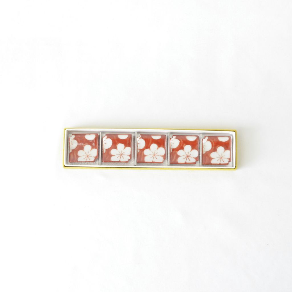 Kiyomizu ware Chopstick rest 5pcs set "Floral tile" Red