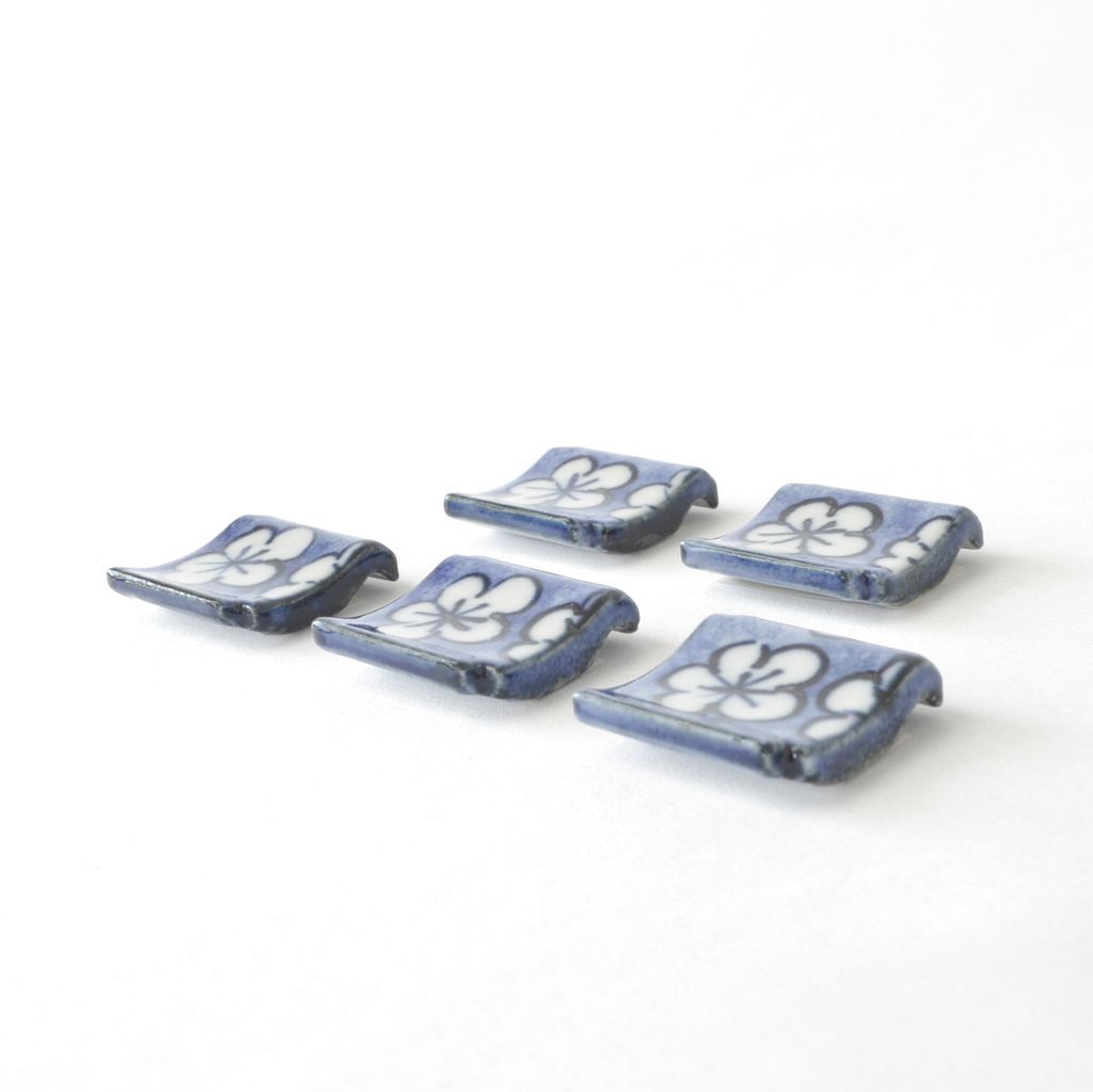 Kiyomizu ware Chopstick rest 5pcs set "Floral tile" Blue