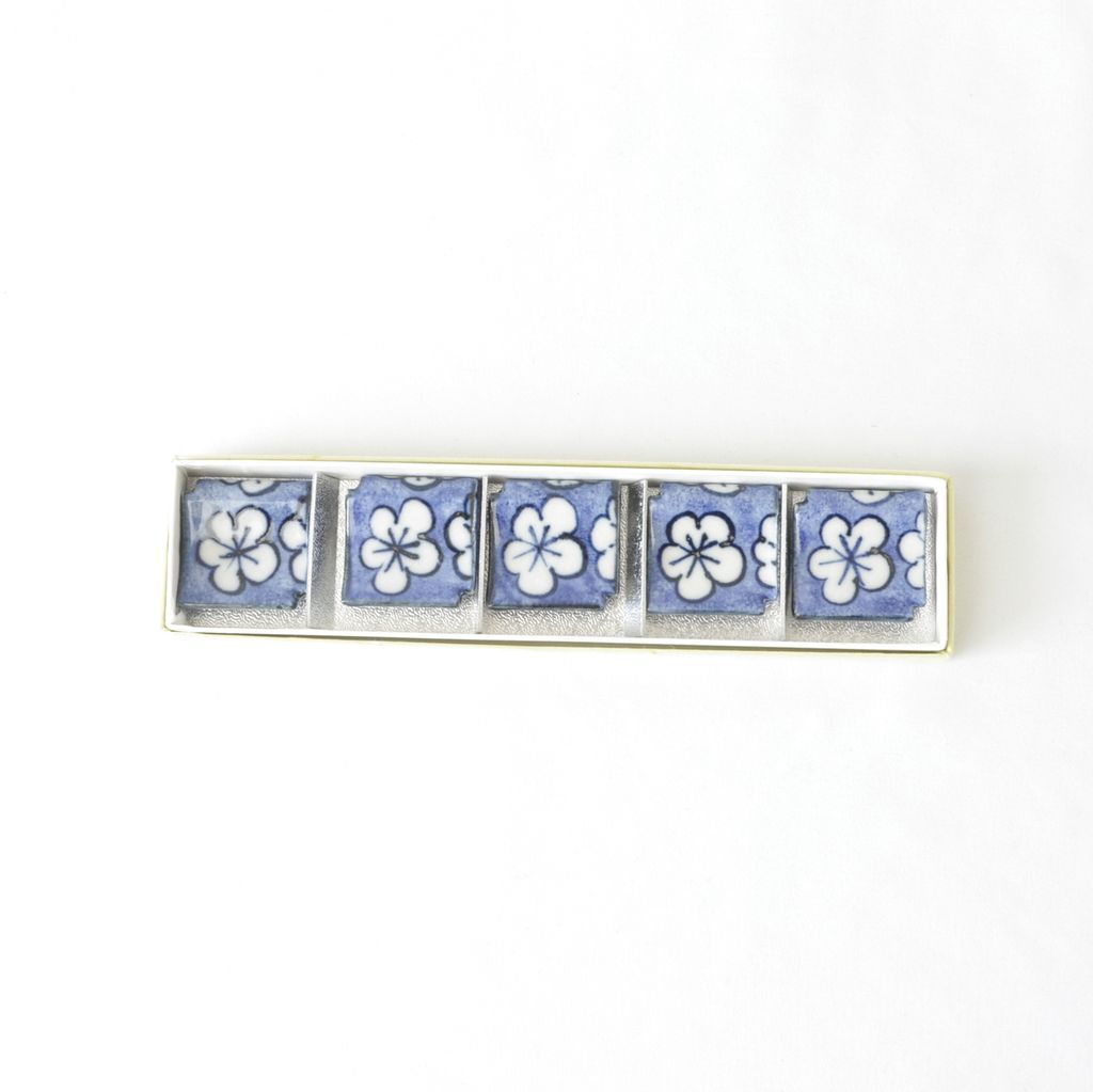 Kiyomizu ware Chopstick rest 5pcs set "Floral tile" Blue