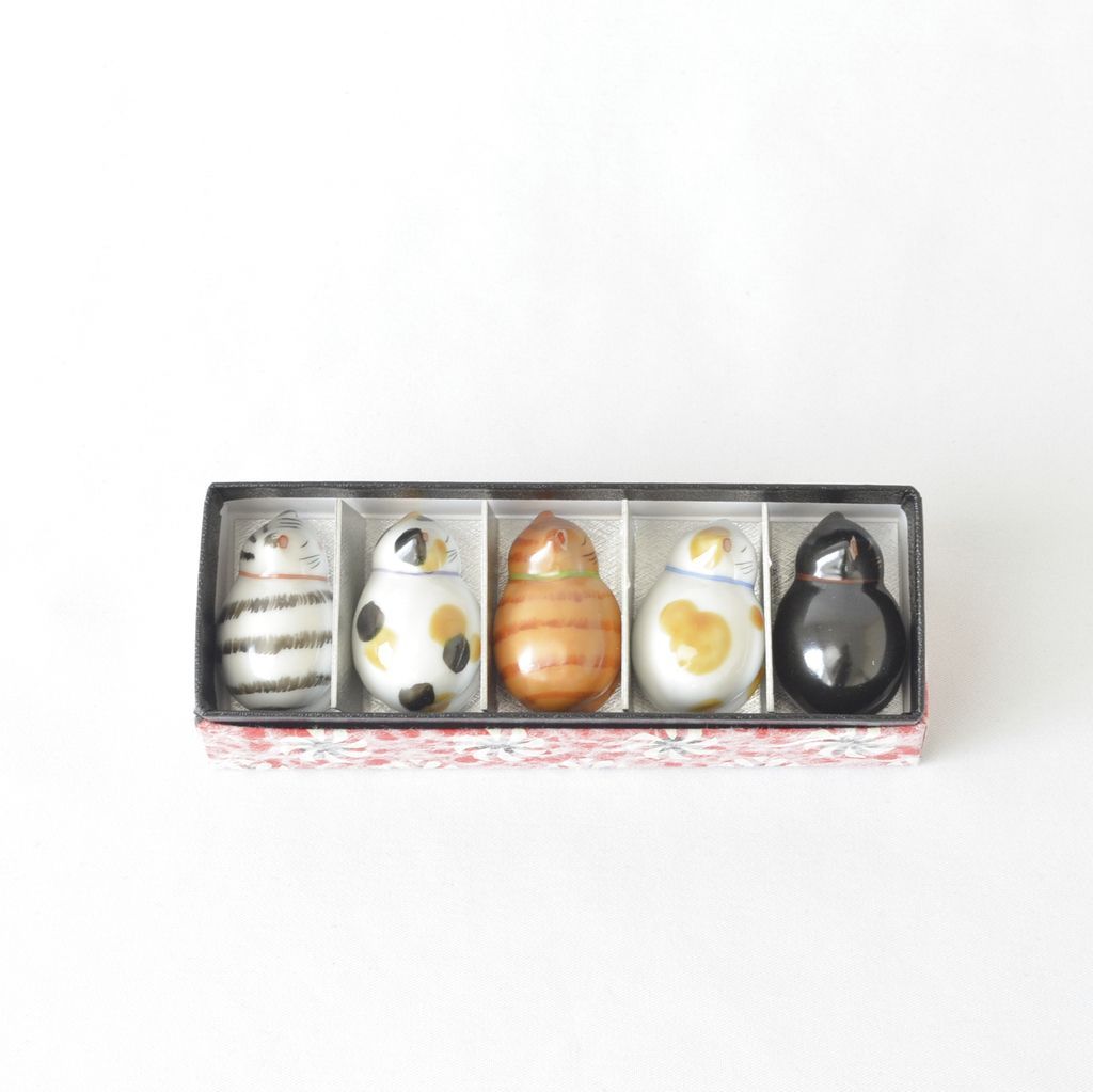 Kiyomizu ware Chopstick rest 5pcs set "Sleeping cat"