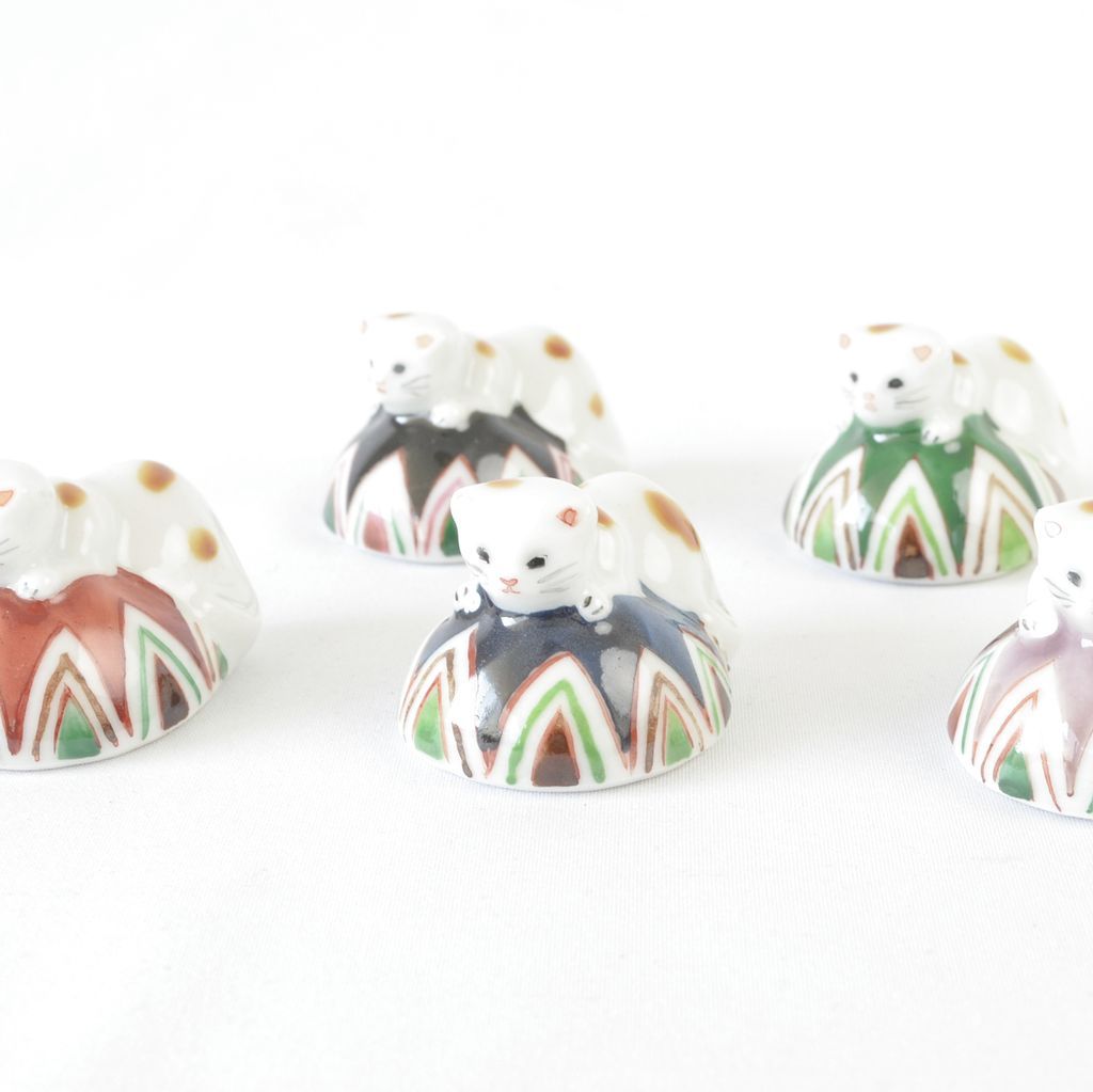 Kiyomizu ware Chopstick rest 5pcs set "Playing cat"