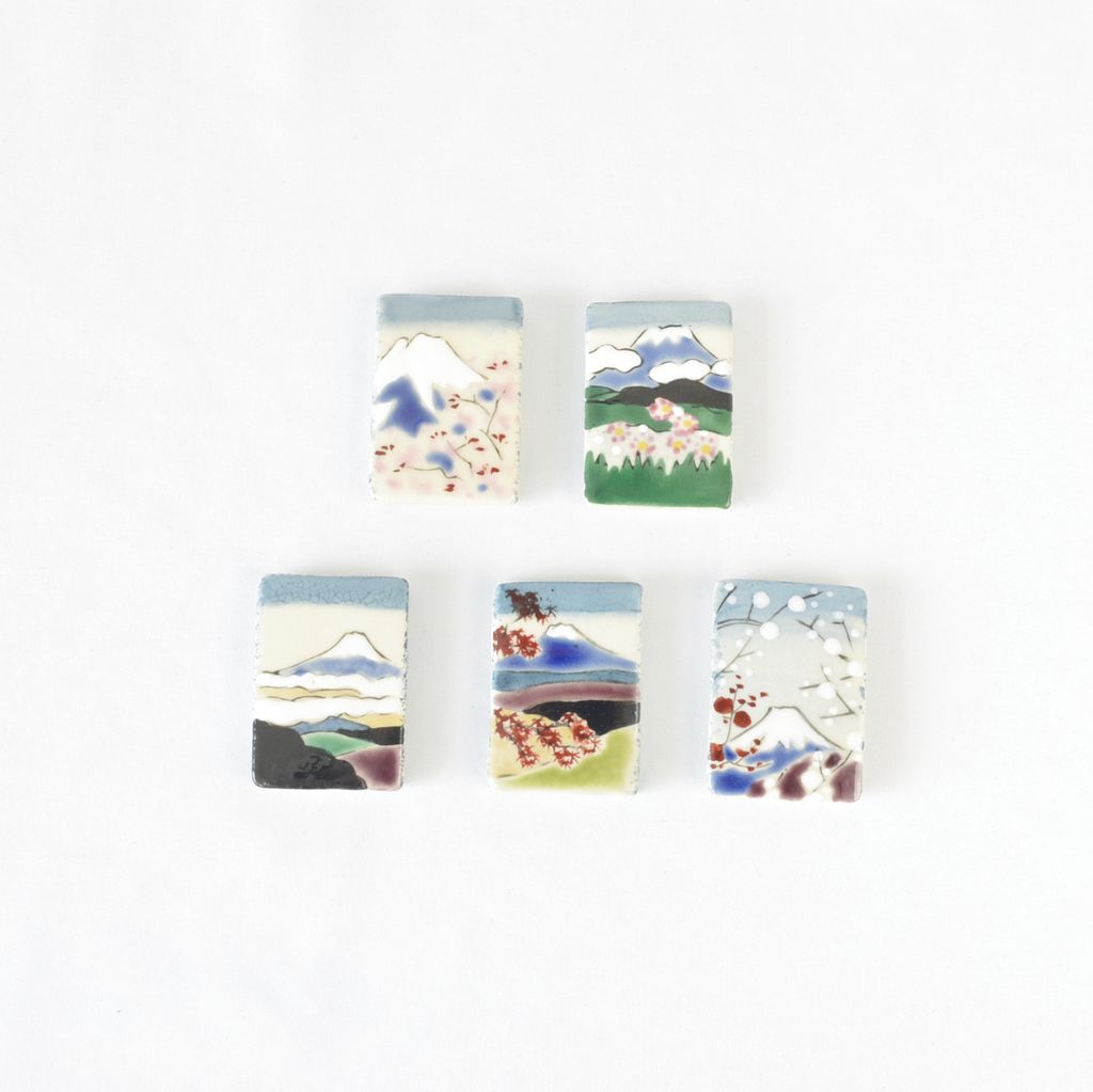 Kiyomizu ware Chopstick rest 5pcs set "Sceneries of Mt. Fuji"