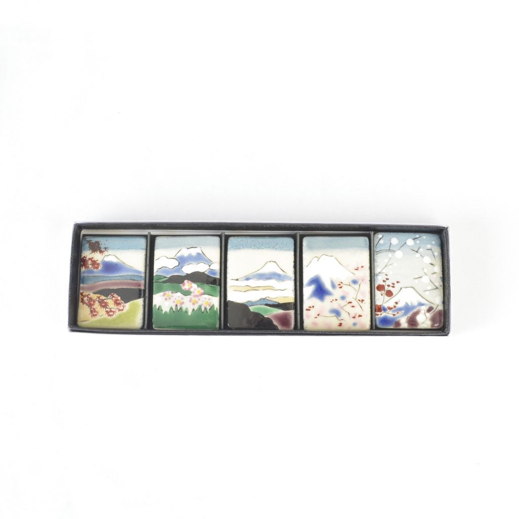 Kiyomizu ware Chopstick rest 5pcs set "Sceneries of Mt. Fuji"