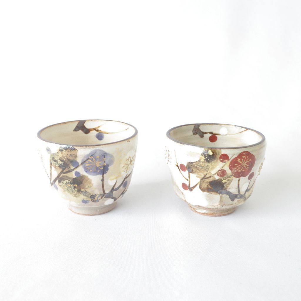 Kiyomizu Ware Sake Decanter and Cups Set "Kissho Ume"
